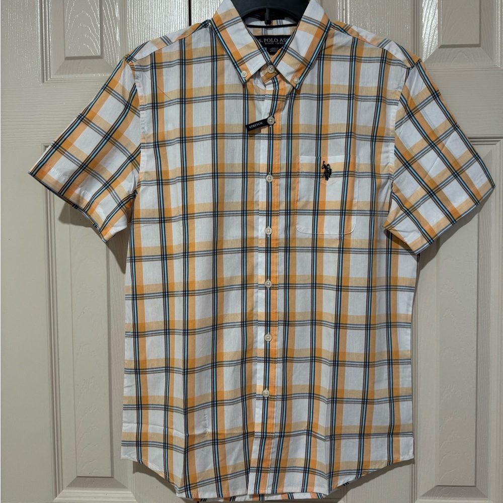 US Polo Assn  Mens SMALL Orange/Multi Plaid Button Down Short Sleeve Collared